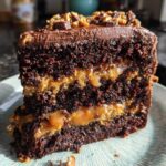Close-up of a decadent slice of chocolate caramel toffee crunch cake showing layers of dark cake and gooey caramel filling.