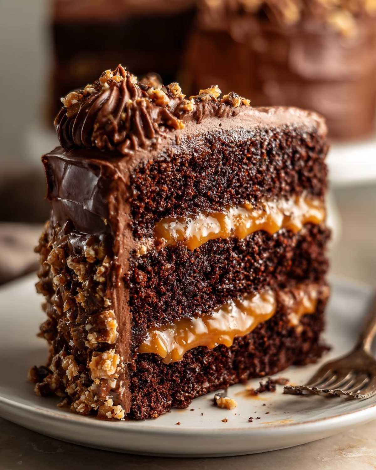 Close-up of a rich slice of chocolate caramel toffee crunch cake with visible layers and frosting.