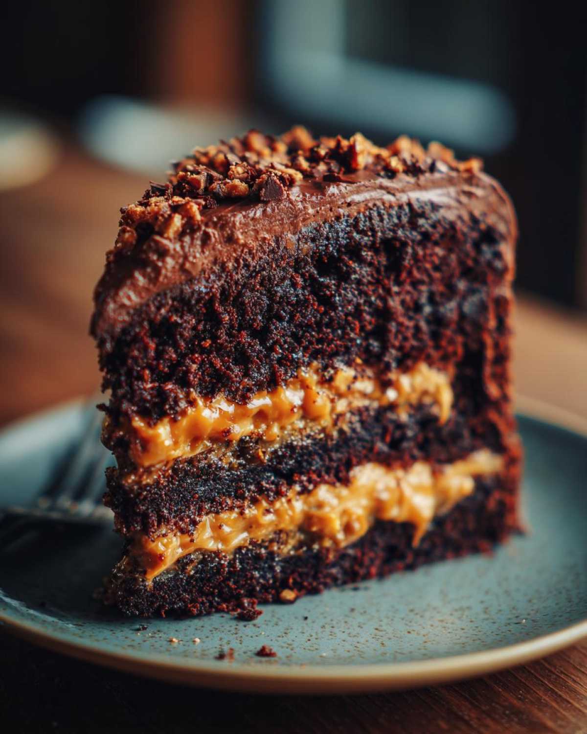 Close-up of a decadent slice of chocolate caramel toffee crunch cake showing dark layers and thick caramel filling.