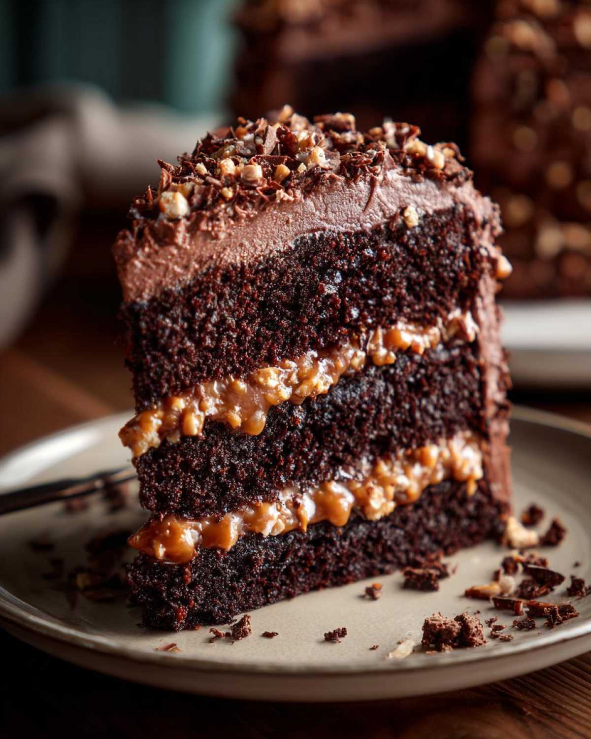 Close-up of a rich slice of chocolate caramel toffee crunch cake showing three layers.