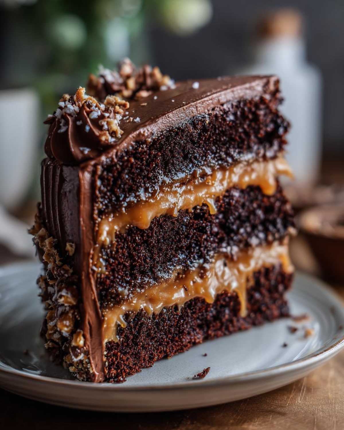 A decadent slice of chocolate caramel toffee crunch cake showing three layers of dark chocolate cake and gooey caramel filling.