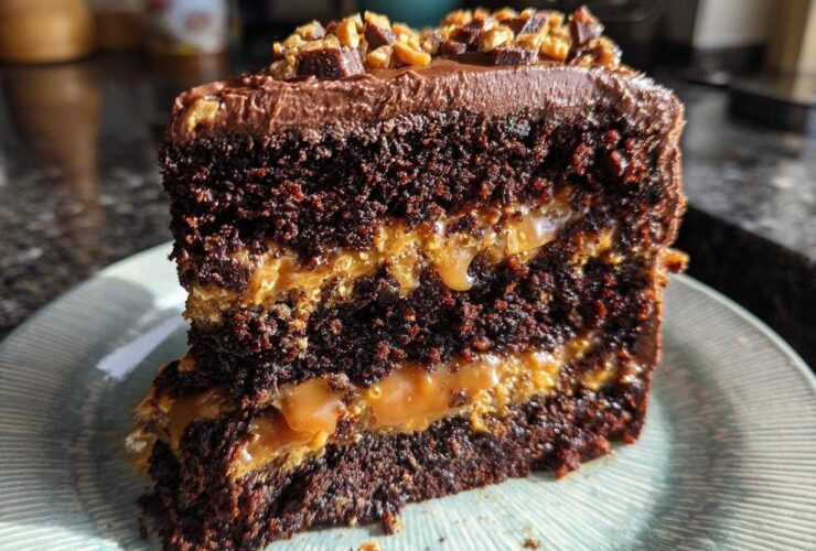 Close-up of a decadent slice of chocolate caramel toffee crunch cake showing layers of dark cake and gooey caramel filling.
