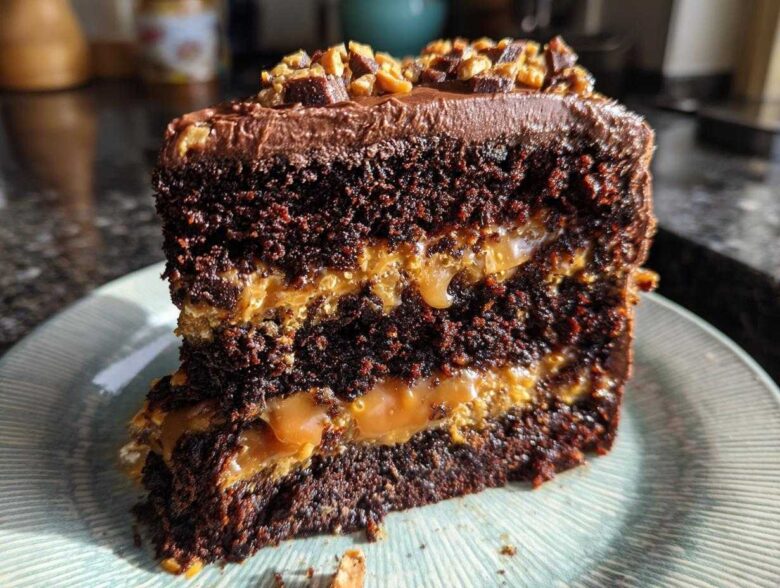 Close-up of a decadent slice of chocolate caramel toffee crunch cake showing layers of dark cake and gooey caramel filling.
