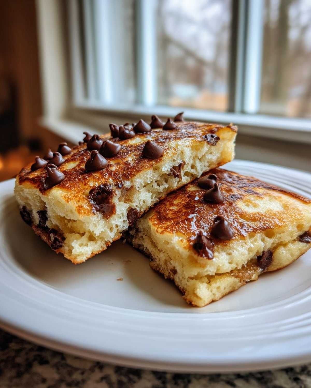 Two thick slices of fluffy chocolate chip sheet pan pancakes cut open to show the texture and melted chips.