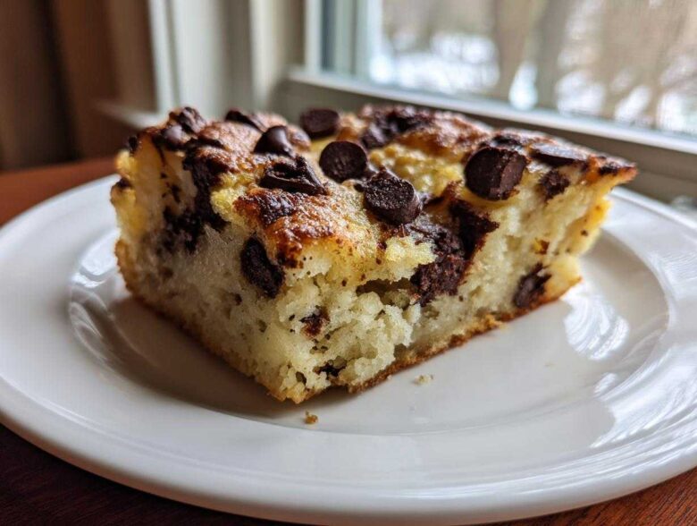 Close-up of a thick, fluffy slice of chocolate chip sheet pan pancakes served on a white plate.