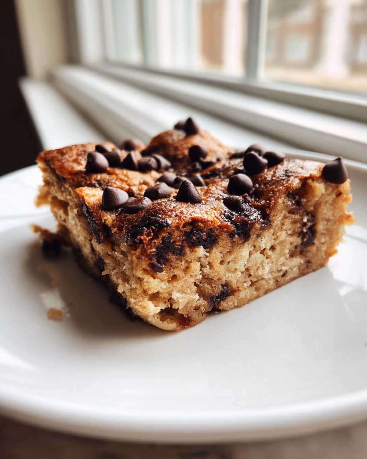 Close-up of a thick, fluffy slice of chocolate chip sheet pan pancakes on a white plate.