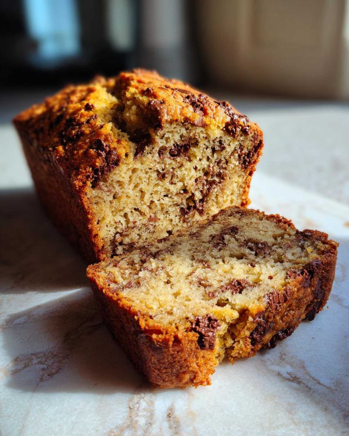 A close-up of a freshly baked vegan banana bread loaf with chocolate chips, one slice cut and resting next to it.