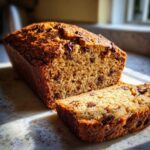 A freshly baked loaf of vegan banana bread with chocolate chips, sliced to show the moist interior.