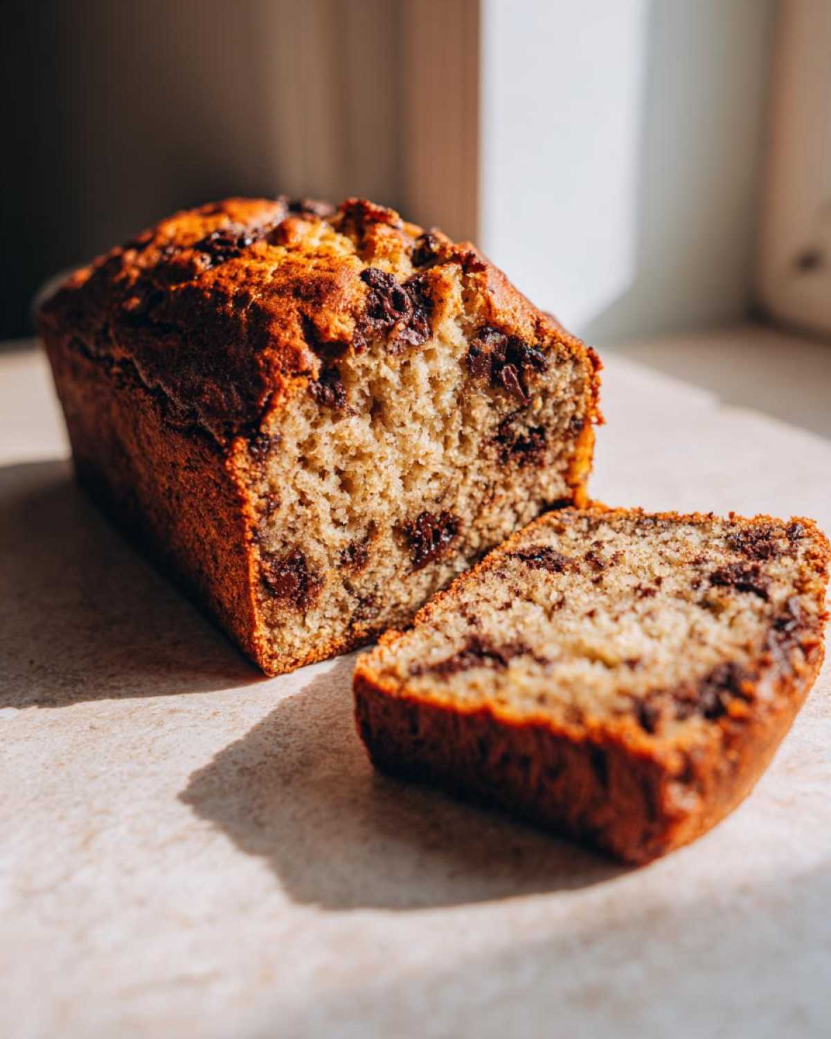 A close-up of a freshly baked chocolate chip vegan banana bread loaf with one slice cut and resting beside it.