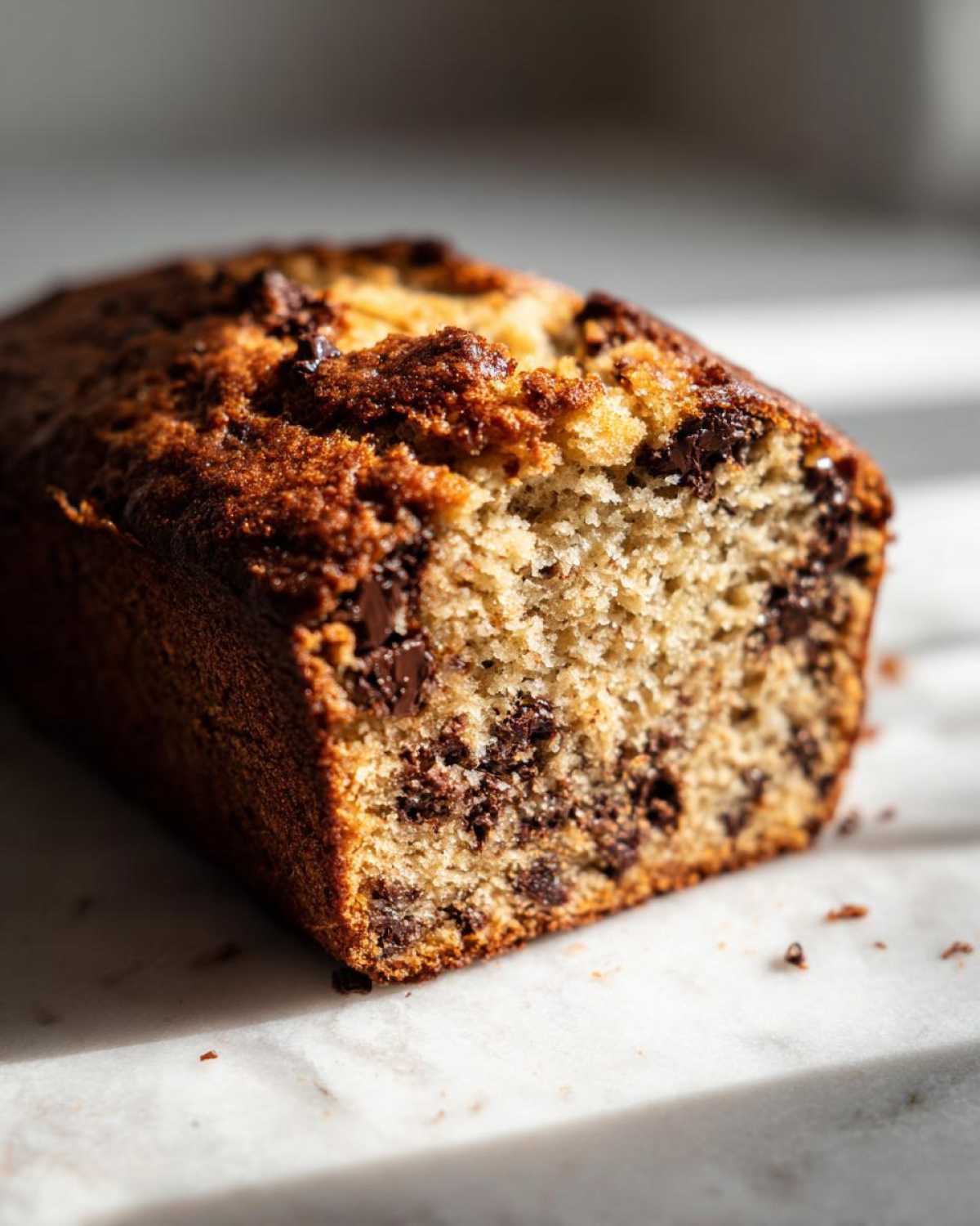 A close-up of a freshly baked loaf of vegan banana bread studded with chocolate chips.