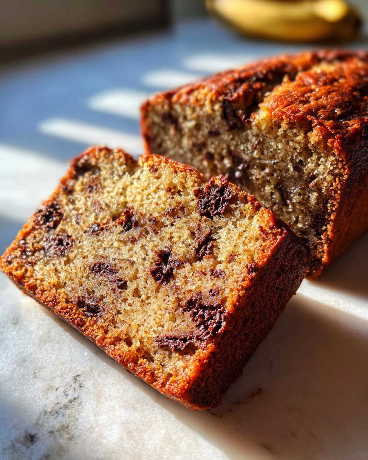 Close-up of a slice of moist vegan banana bread studded with chocolate chips, resting next to the loaf.