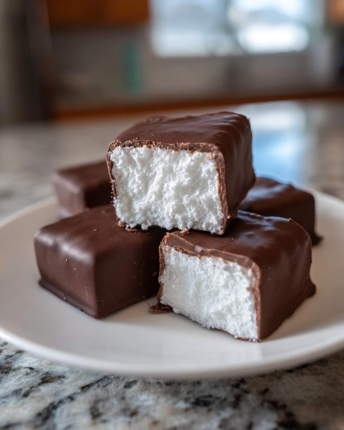 A stack of homemade chocolate-covered squares revealing a fluffy white Cool Whip candy center.
