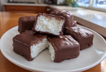 A stack of homemade chocolate covered bars with a fluffy white filling, showing the texture of this cool whip candy.