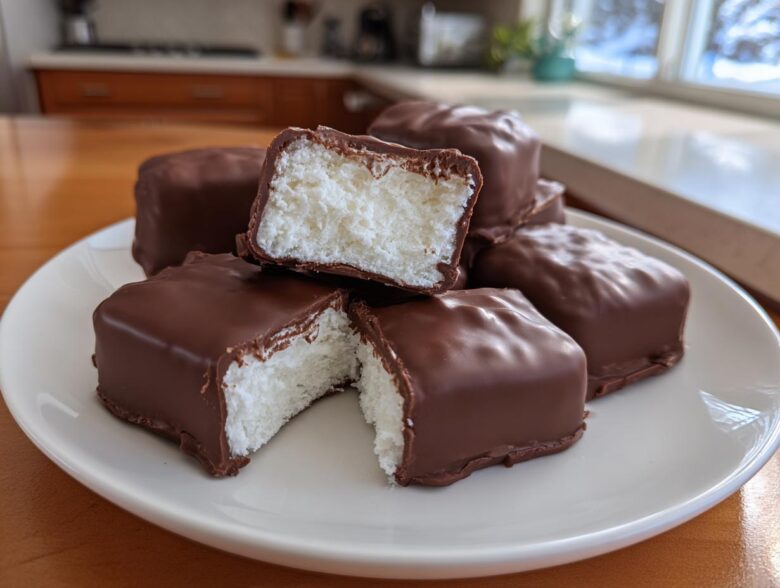 A stack of homemade chocolate covered bars with a fluffy white filling, showing the texture of this cool whip candy.