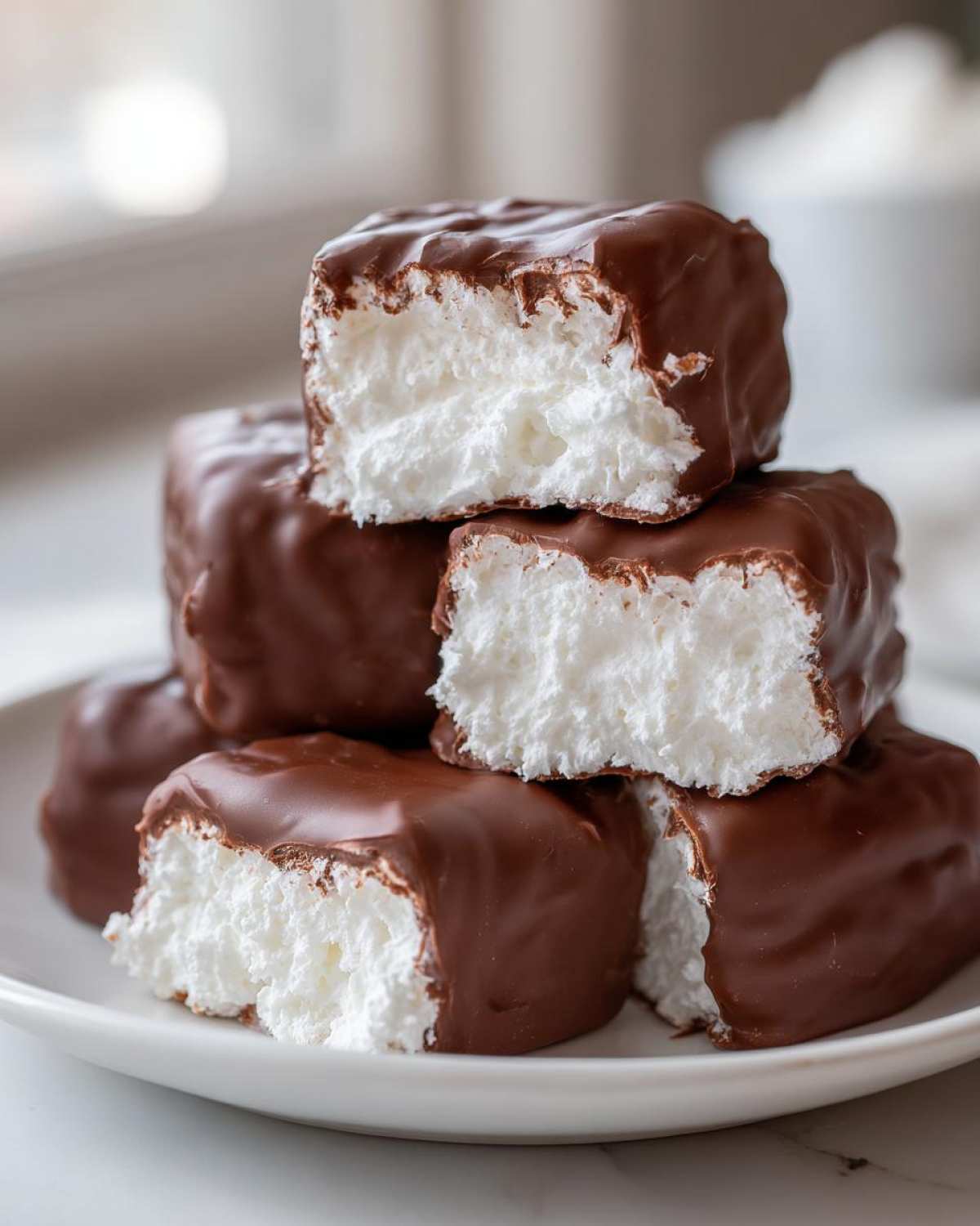 Stack of chocolate-covered squares with fluffy white filling, showcasing a perfect cool whip candy treat.
