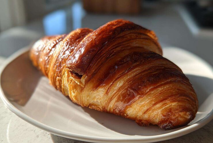 Close-up of a flaky, golden-brown chocolate croissant resting on a white plate in bright sunlight.