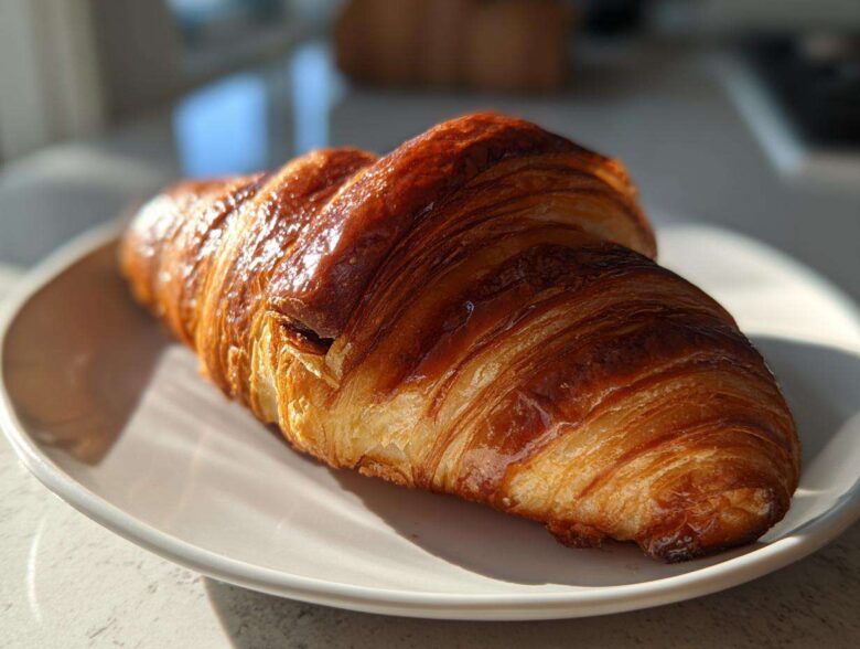 Close-up of a flaky, golden-brown chocolate croissant resting on a white plate in bright sunlight.