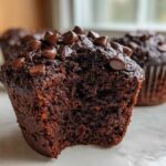 Close-up of a rich, dark chocolate zucchini muffin with a bite taken out, topped with chocolate chips.
