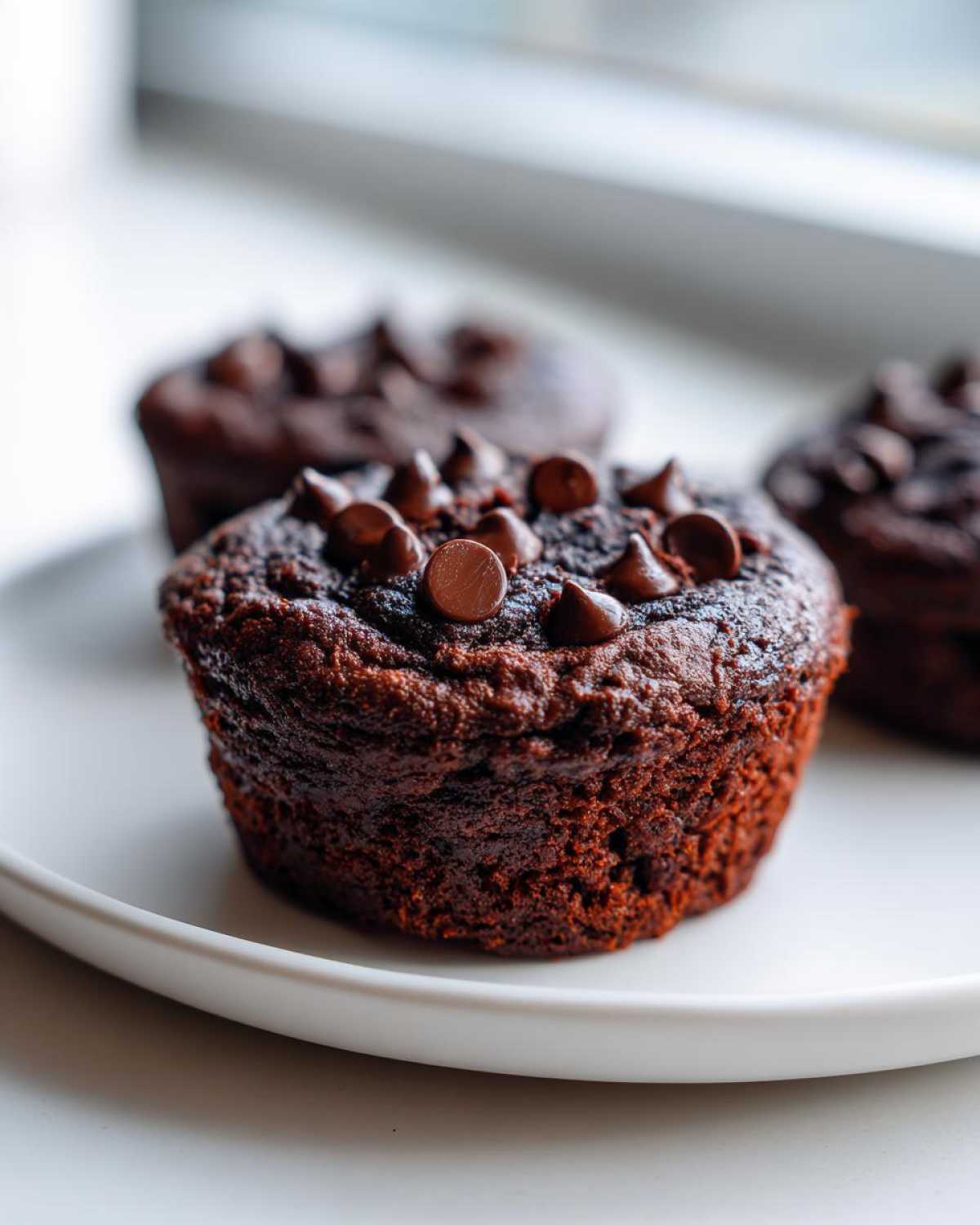 A rich, dark chocolate zucchini muffin topped generously with chocolate chips, sitting on a white plate.