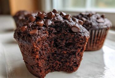 Close-up of a rich, dark chocolate zucchini muffin with a bite taken out, topped with chocolate chips.