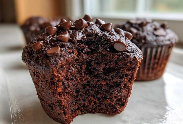 Close-up of a rich, dark chocolate zucchini muffin with a bite taken out, topped with chocolate chips.