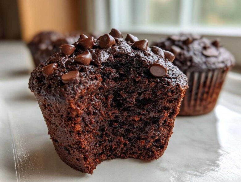 Close-up of a rich, dark chocolate zucchini muffin with a bite taken out, topped with chocolate chips.