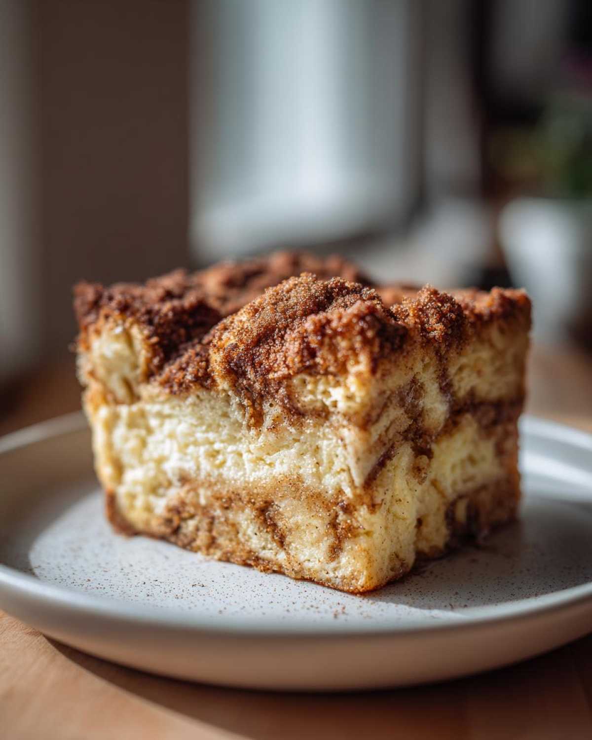 A thick, square slice of baked french toast with a rich cinnamon swirl and crumb topping.