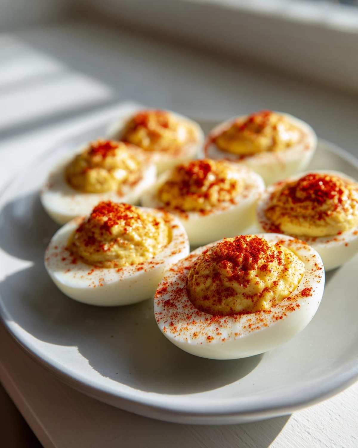 A plate of six perfectly made classic deviled eggs, topped generously with bright red paprika.