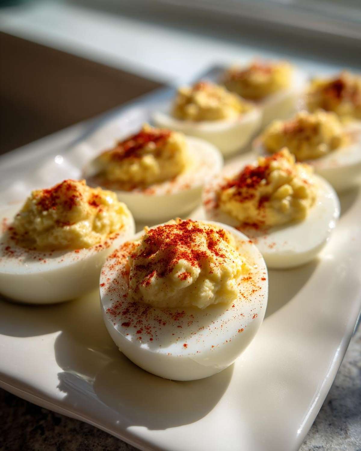 Close-up of several classic deviled eggs, filled with creamy yolk mixture and sprinkled with paprika, arranged on a white serving dish.