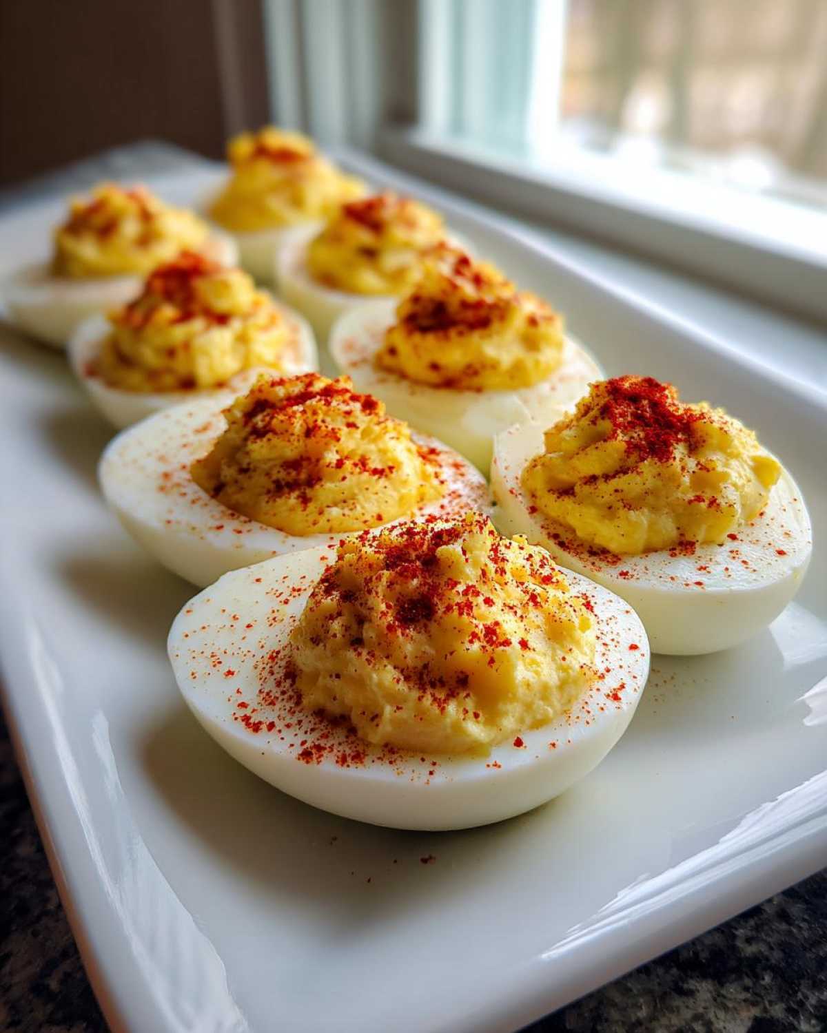 A row of perfectly prepared classic deviled eggs, filled with creamy yolk mixture and sprinkled with paprika, served on a white platter.