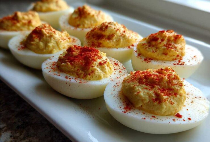 A row of perfectly prepared classic deviled eggs topped with creamy filling and sprinkled with bright red paprika.