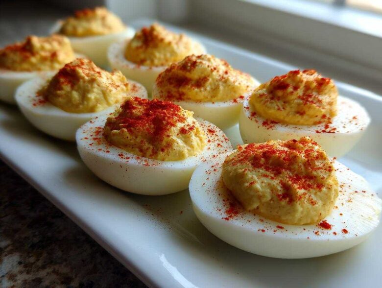 A row of perfectly prepared classic deviled eggs topped with creamy filling and sprinkled with bright red paprika.