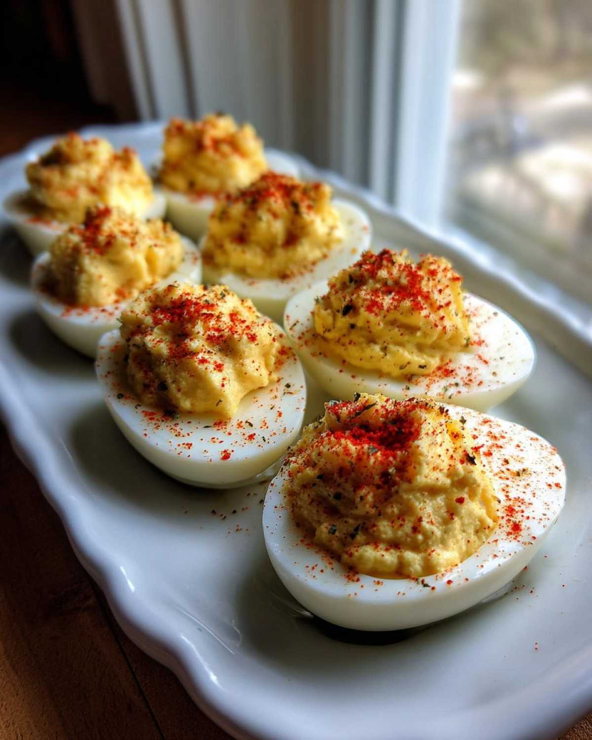 Six halves of classic deviled eggs, generously filled and topped with paprika and herbs, arranged on a white platter.