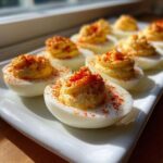 A platter of perfectly prepared classic deviled eggs, piped high and dusted with bright red paprika.