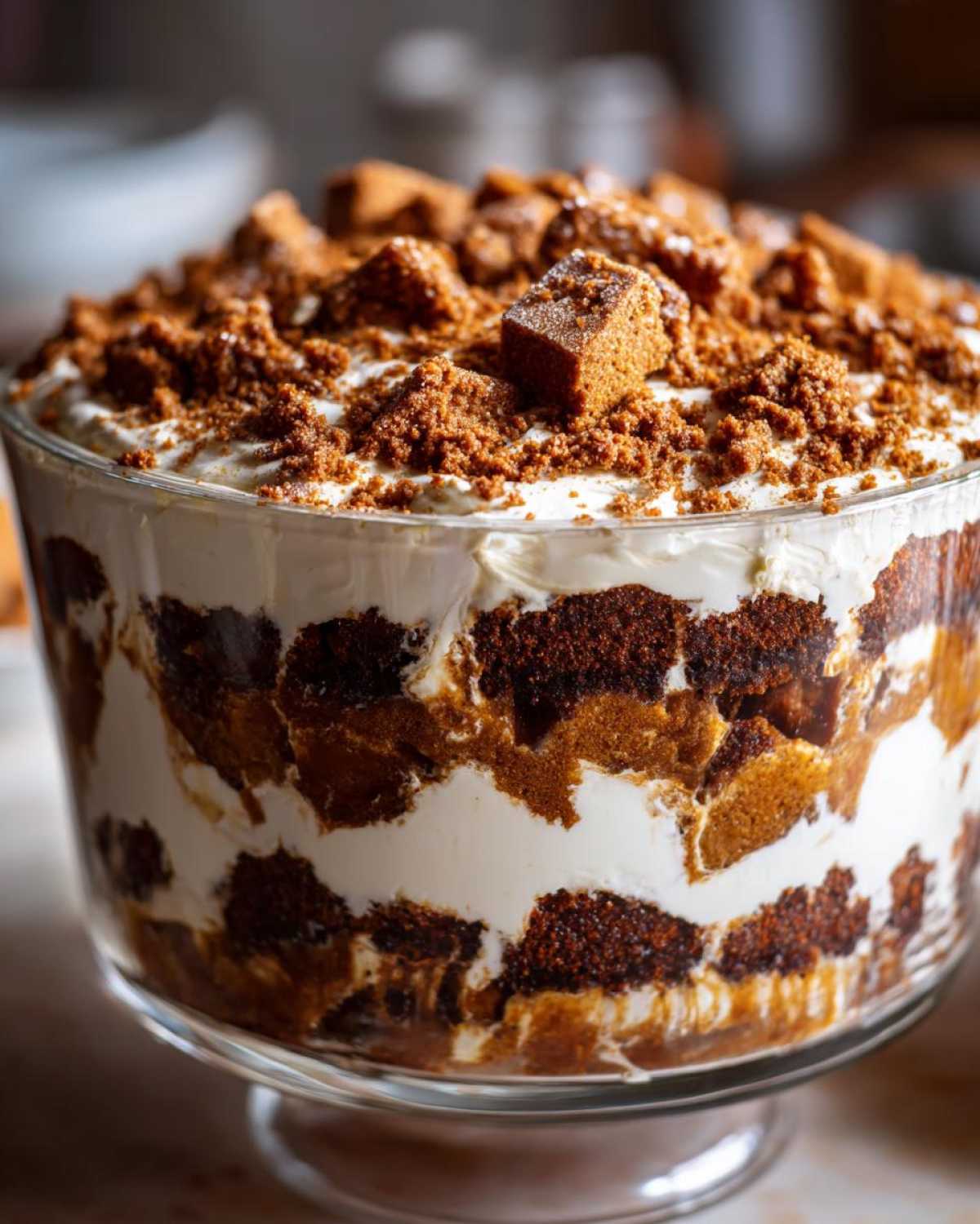 A close-up view of a rich gingerbread trifle layered with cream in a clear glass serving bowl, topped with crumbs.