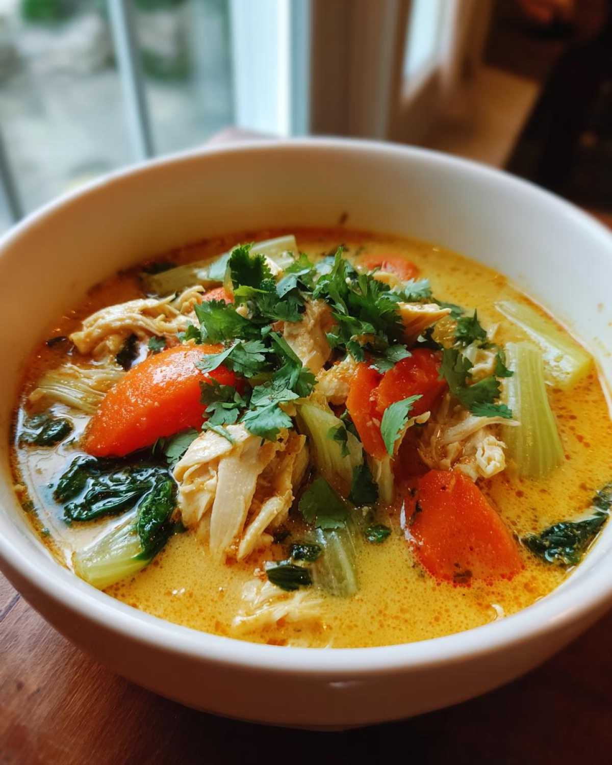 Close-up of a white bowl filled with vibrant yellow coconut curry soup, featuring shredded chicken, bright orange carrots, celery, and fresh cilantro.