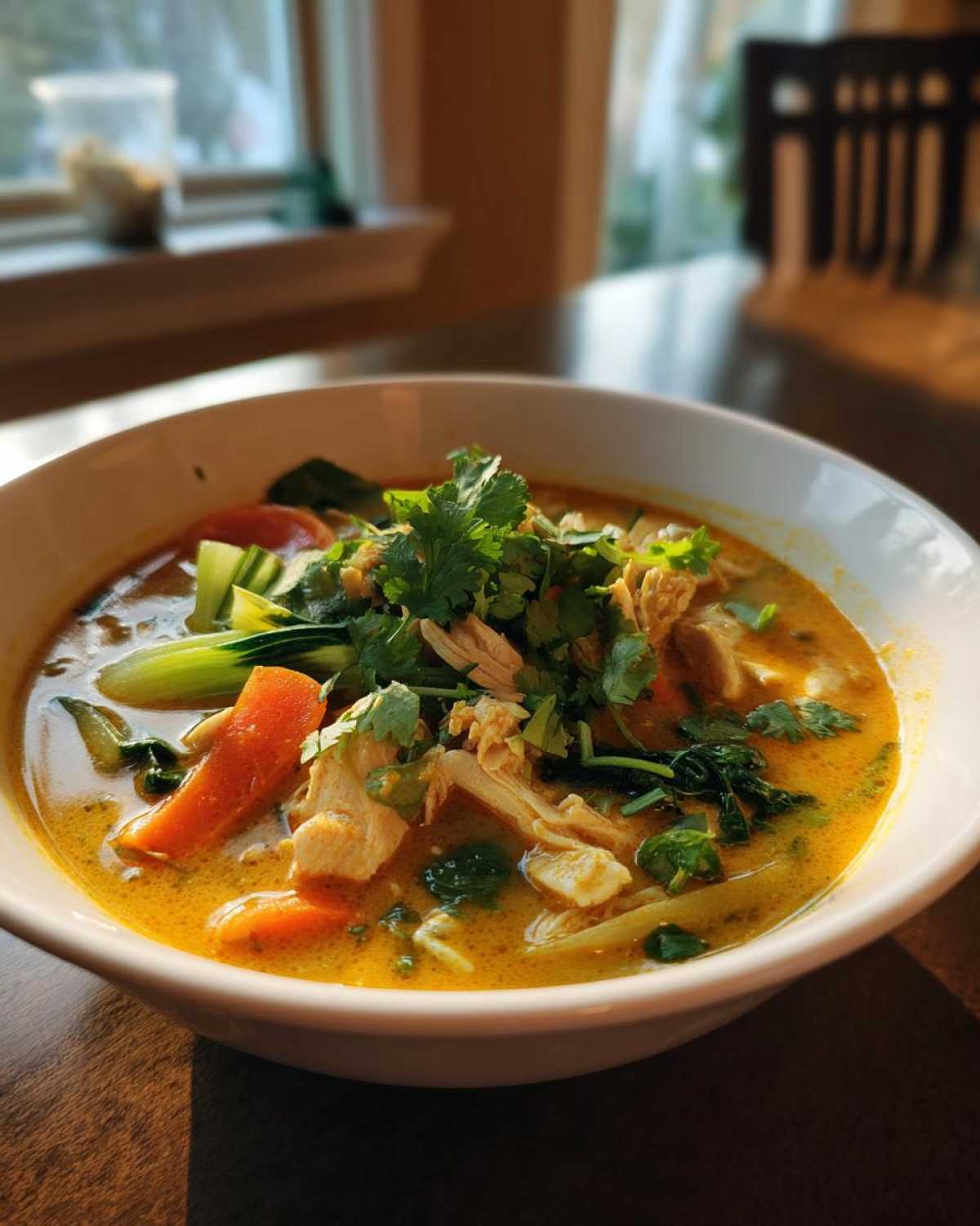 A close-up of a white bowl filled with rich, yellow coconut curry soup, featuring shredded chicken, carrots, bok choy, and fresh cilantro.