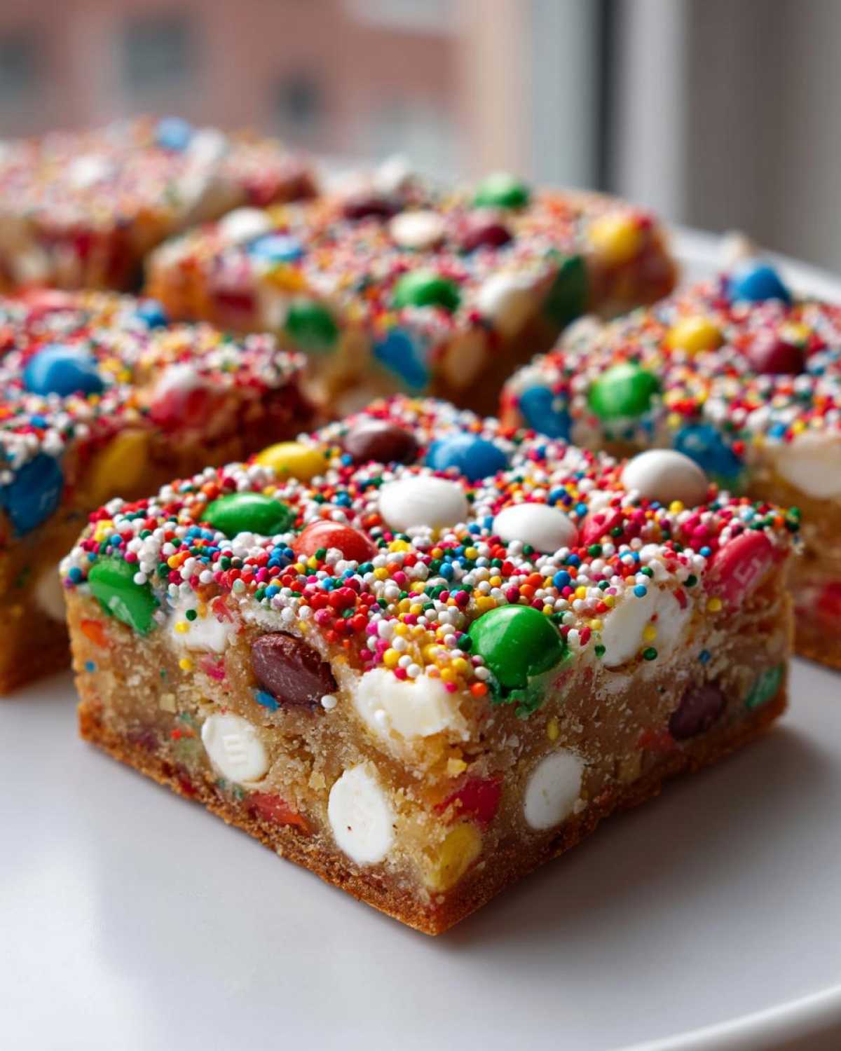 Close-up of a thick, chewy christmas cookie bars square topped with colorful sprinkles, M&Ms, and white chocolate chips.