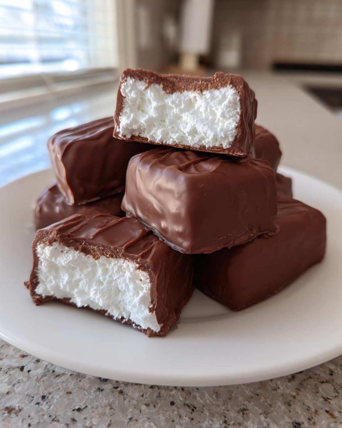 Stack of chocolate-covered cool whip candy pieces, one cut open showing the fluffy white center.