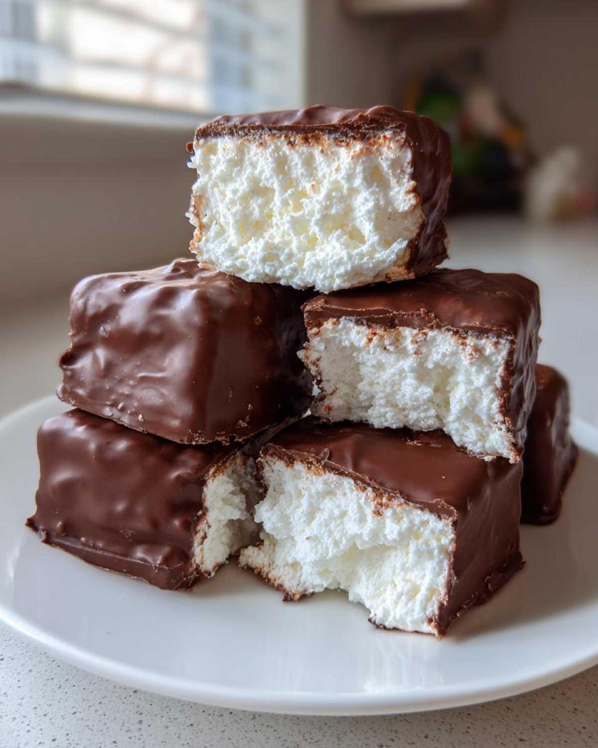 A stack of homemade cool whip candy squares coated in rich chocolate, showing the fluffy white interior.