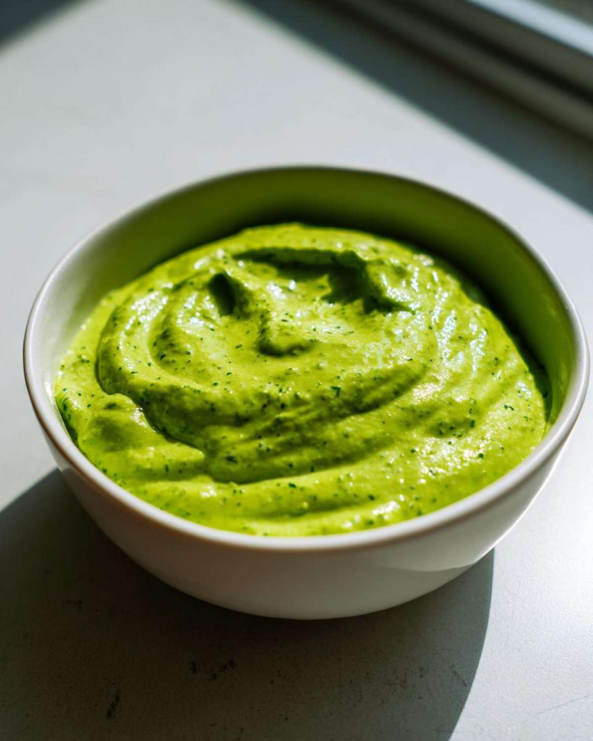 Close-up of a vibrant green, creamy avocado sauce swirled in a small white bowl.