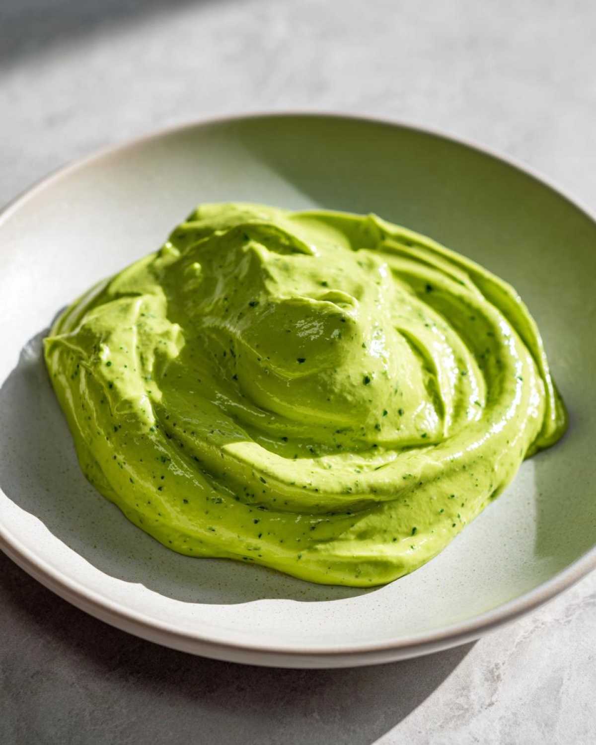A vibrant, thick swirl of creamy avocado sauce speckled with herbs, served in a light green bowl.
