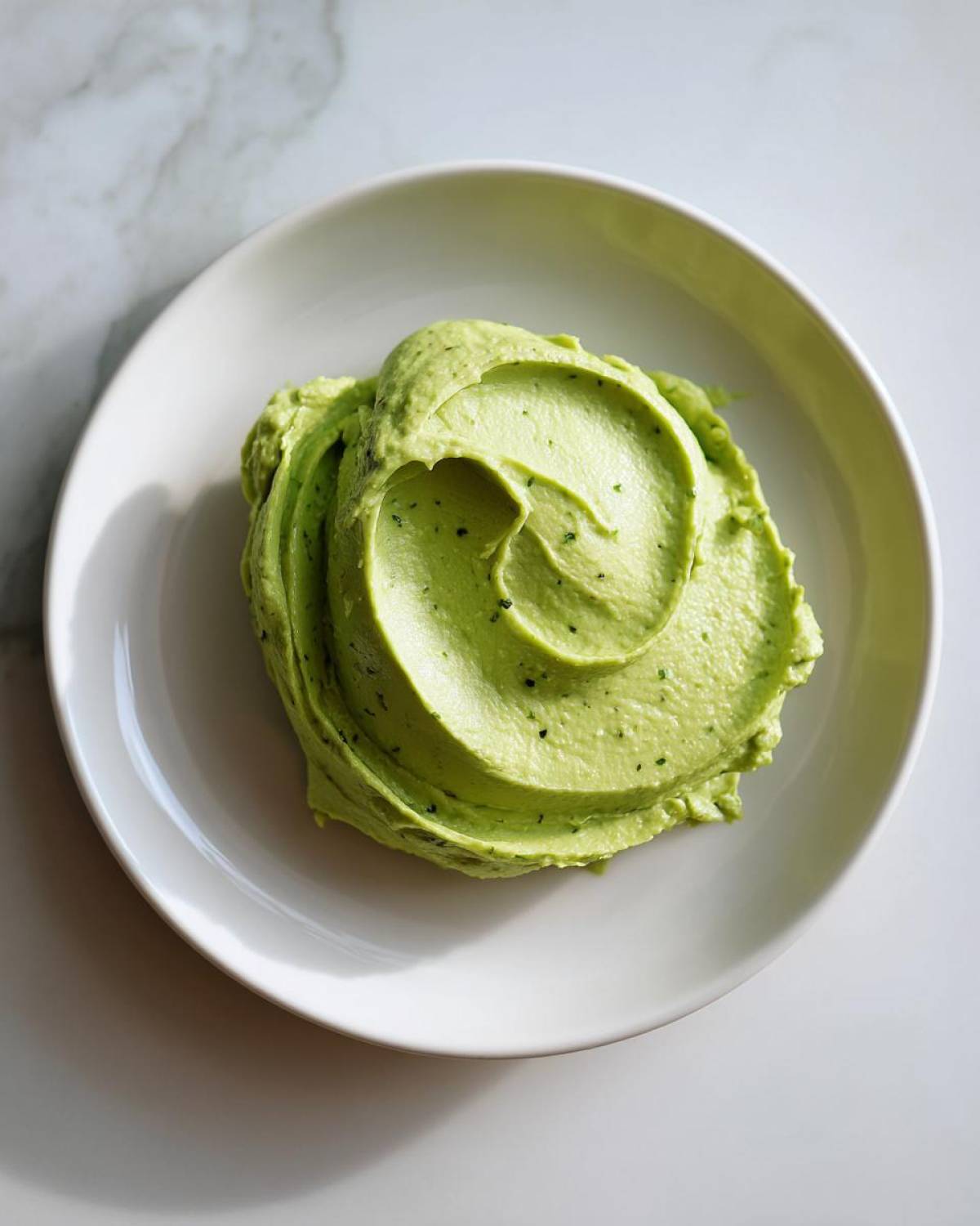 A dollop of vibrant green, creamy avocado sauce swirled beautifully on a white plate.