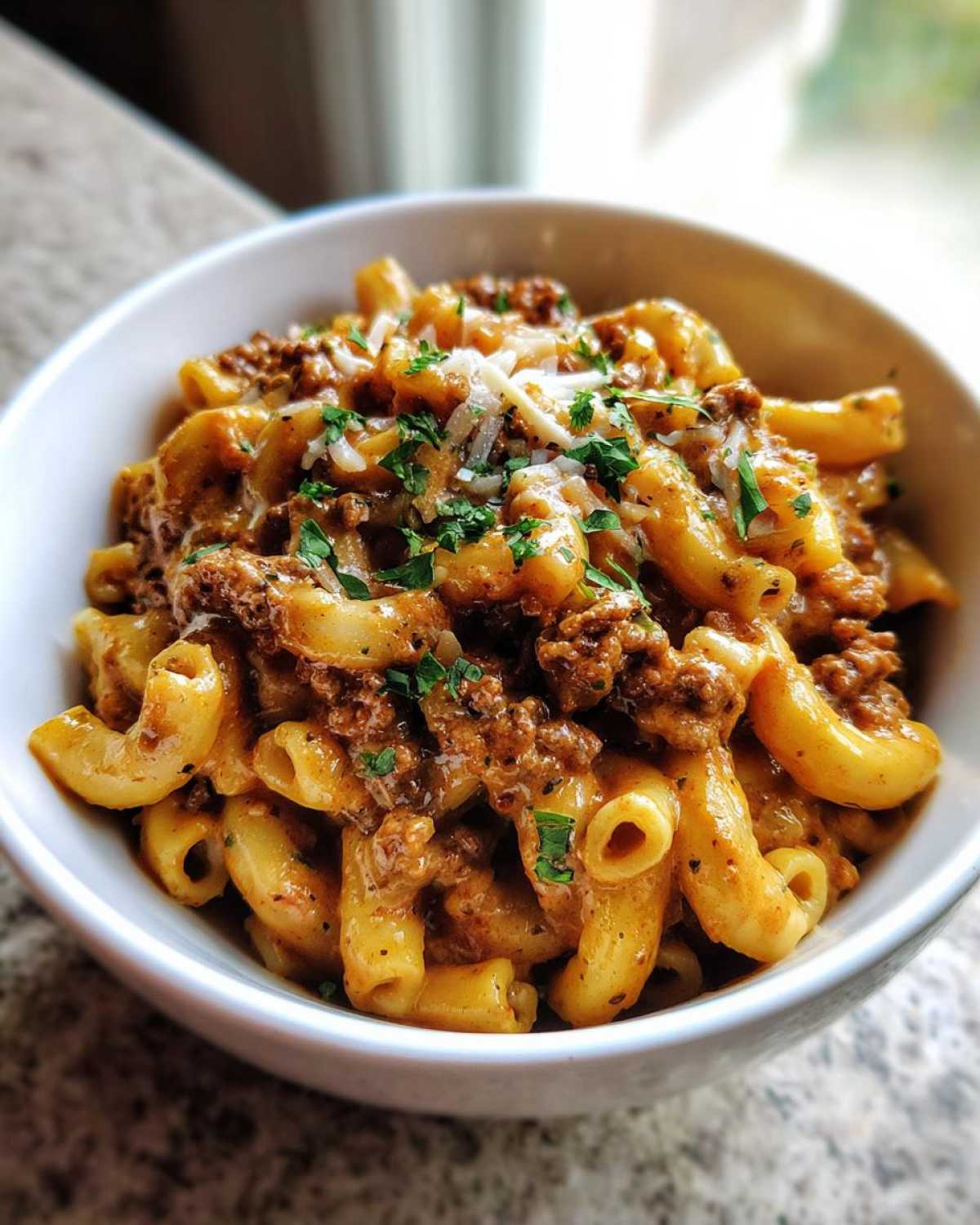 Close-up of a white bowl filled with creamy beef pasta, topped with shredded cheese and fresh parsley.