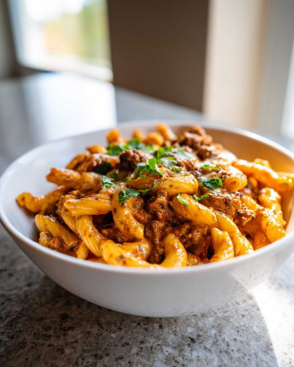 A close-up of a white bowl filled with creamy beef pasta, garnished with fresh parsley.