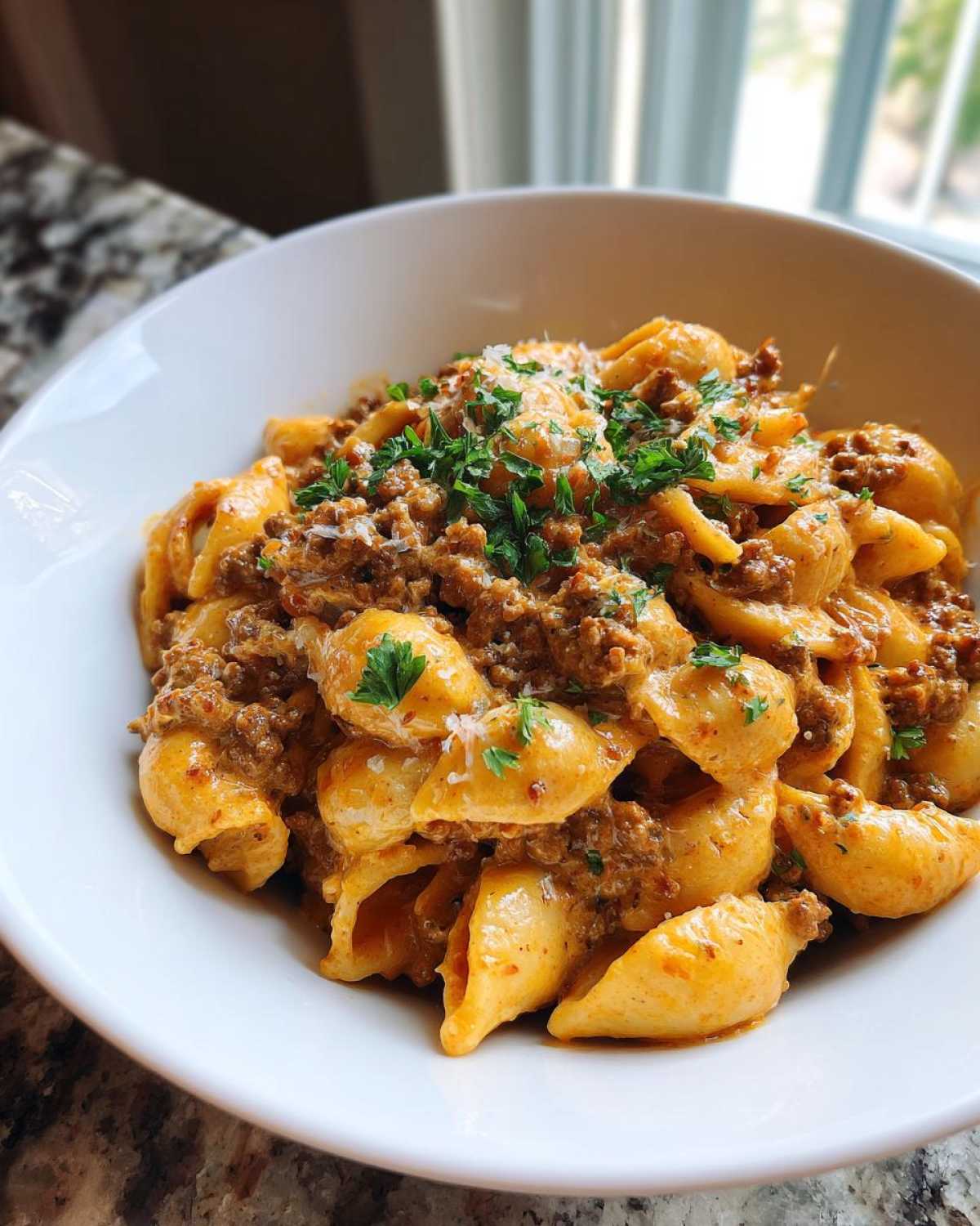 A close-up of a white bowl filled with creamy beef pasta made with shell noodles, topped with ground beef sauce and fresh parsley.