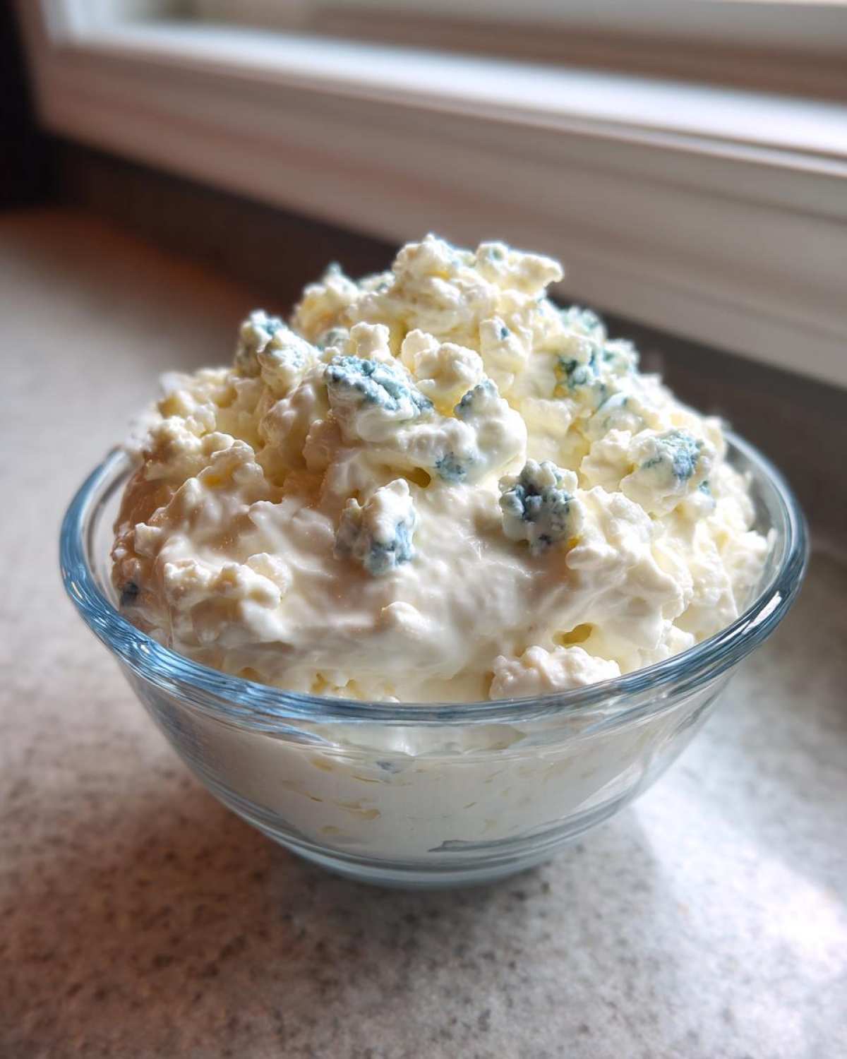 A small glass bowl filled with creamy blue cheese dip, topped with visible crumbles of blue cheese.