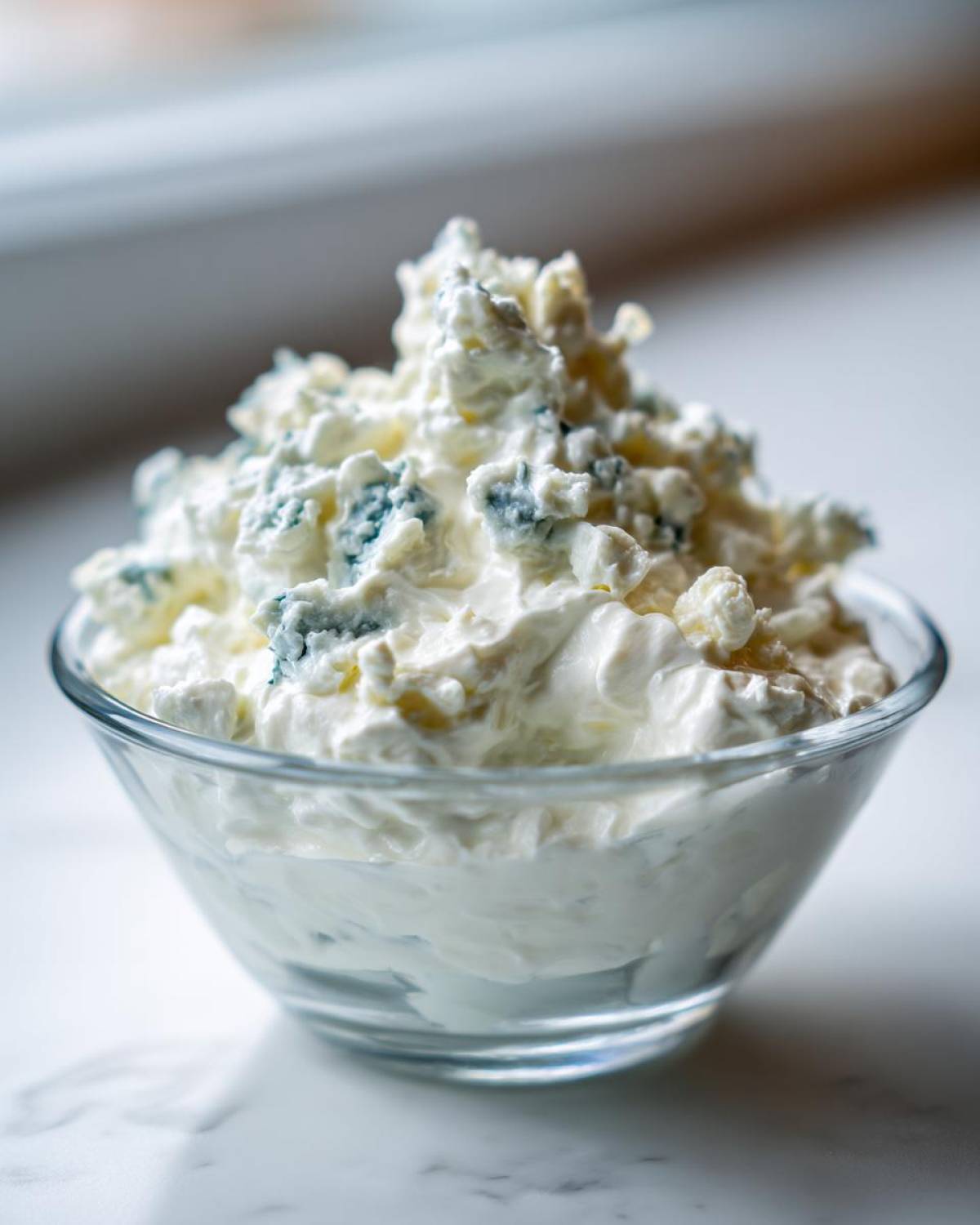 A clear glass bowl filled with creamy white base topped generously with crumbles of blue cheese dip.