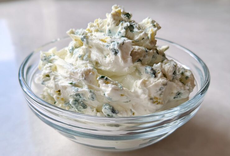 A close-up view of thick, creamy blue cheese dip with visible blue mold chunks served in a small clear glass bowl.