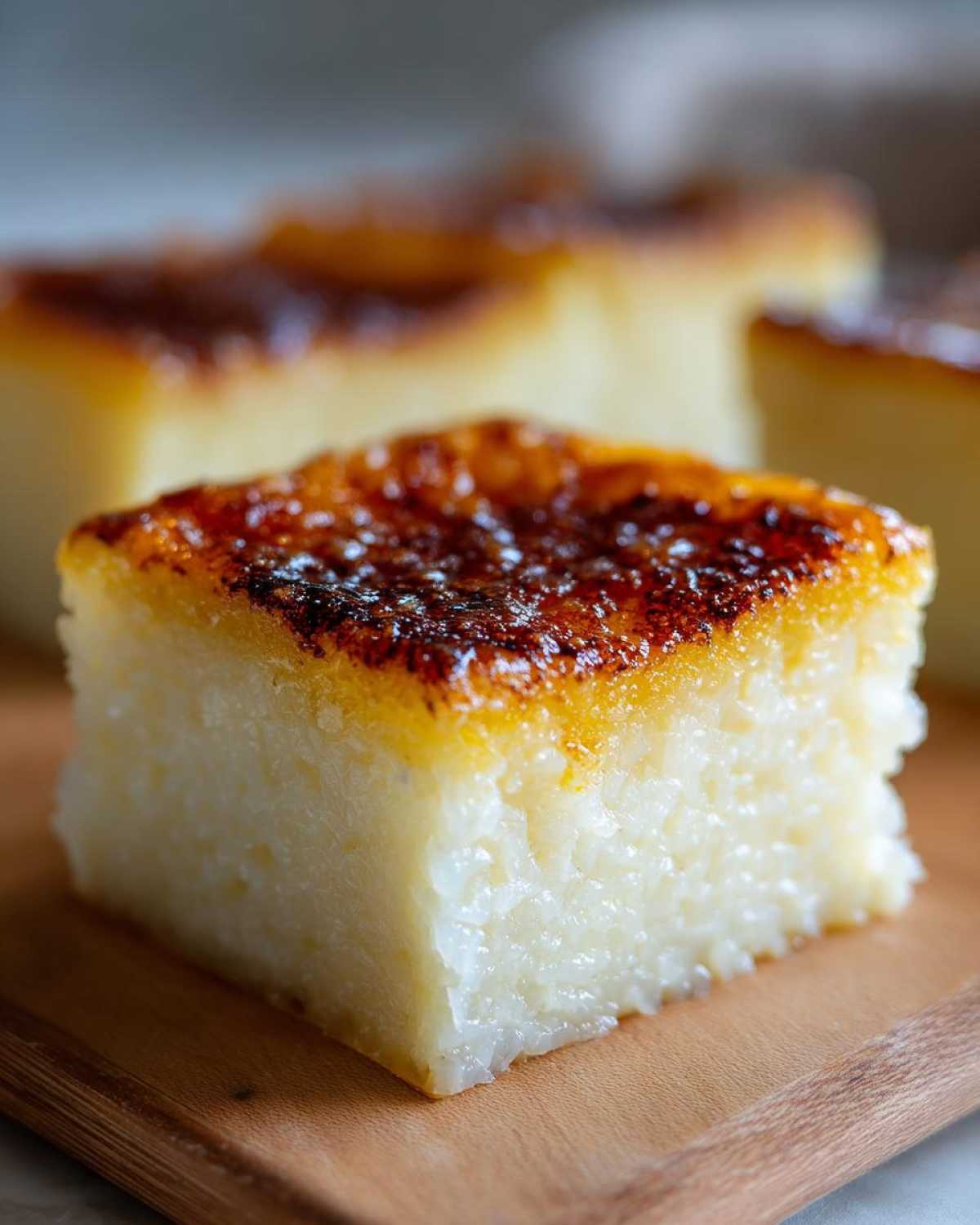 A square slice of creamy cassava cake with a deeply caramelized, glossy brown top, resting on a wooden board.